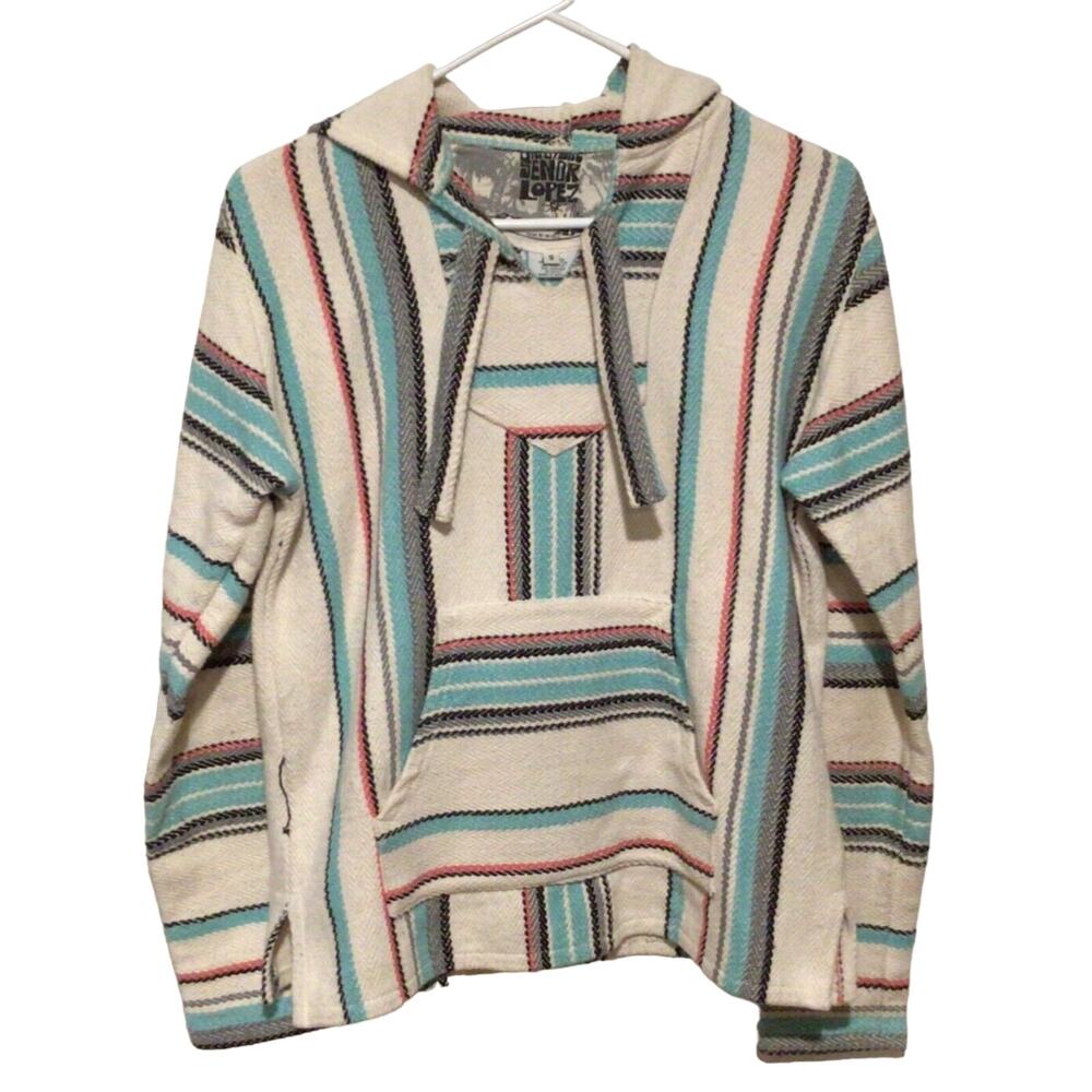 Señor Lopez Baja Hoodie Pullover White Teal Gray Pink Size Small Festival Boho